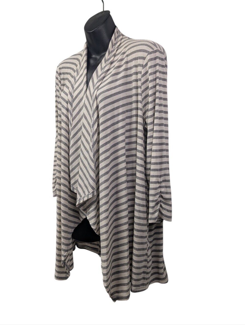 Maurices Plus Size 1 Gray White Stripe Lace Up Back Open Front Cardigan Duster - Picture 3 of 8